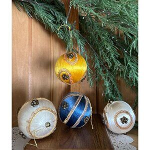 Vintage Handmade Satin String Covered Christmas Balls Ornaments Set of 4
